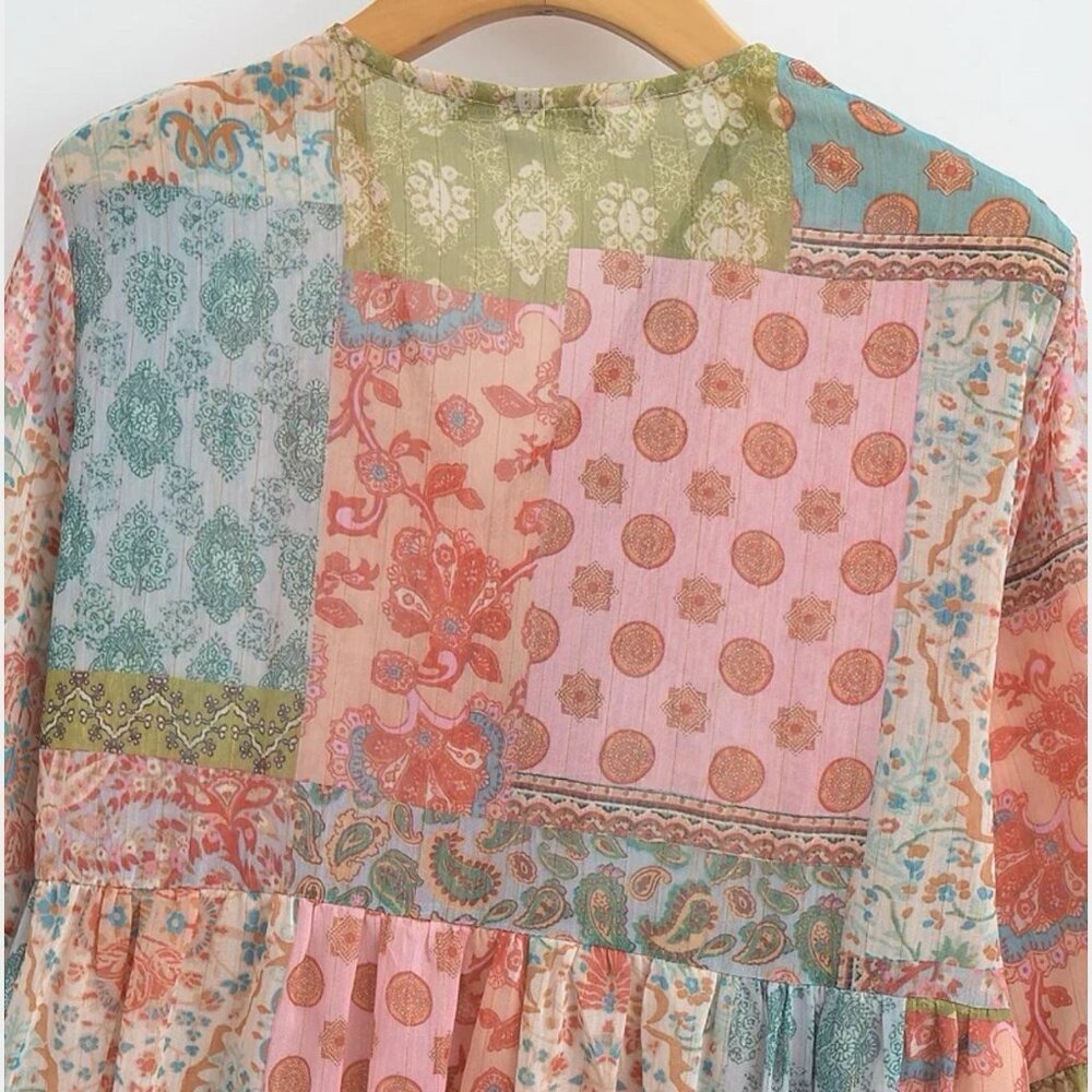 Women Bohemian Style Patchwork Multicolor Paisley V-Neck Short Mini Dress Size L - Picture 7 of 14